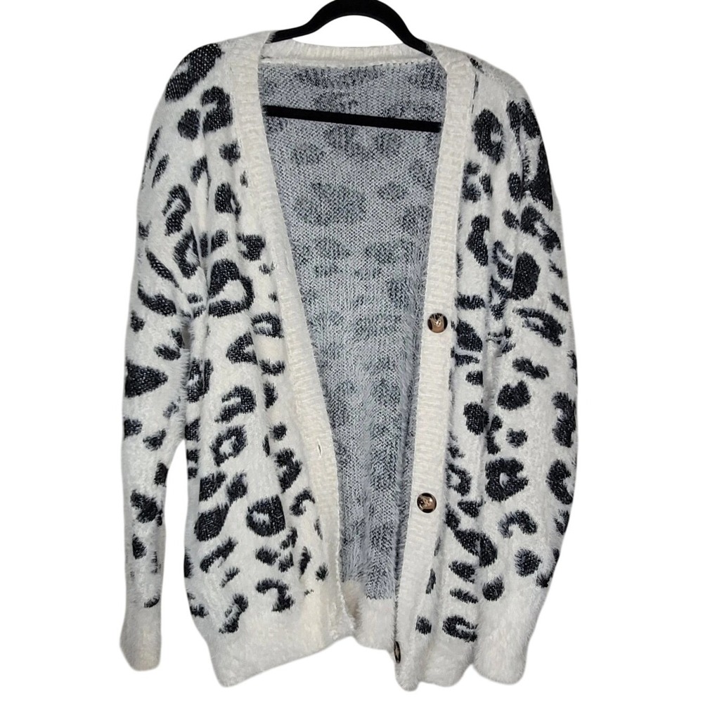 Vestidos White Black‎ Knit Cardigan Sweater Leopard Animal Print Button M Women